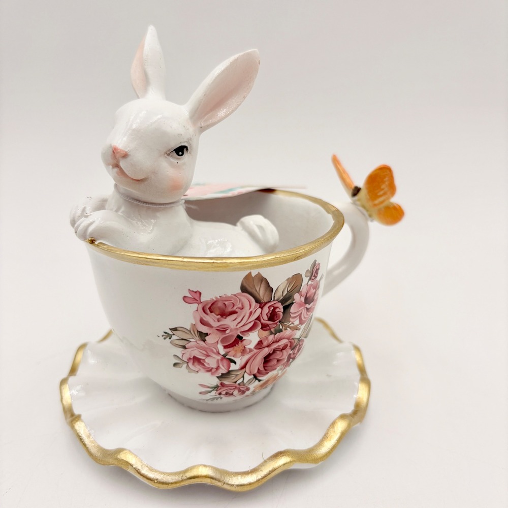 White Easter Bunny Rabbit Sitting in Floral Teacup Whimsy Figurine